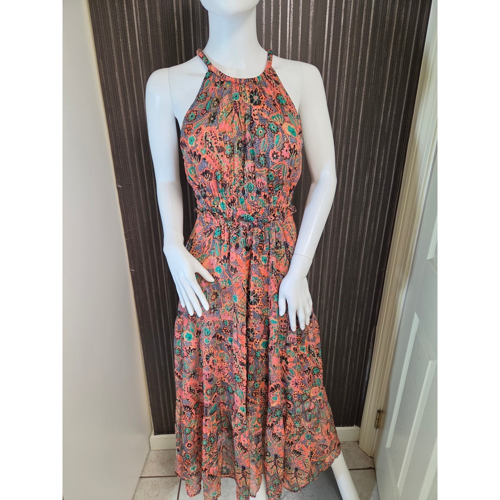 ALC Silk Blend Paisley Floral Halter Maxi Dress Orange Pink Teal Gold Shimmer 0